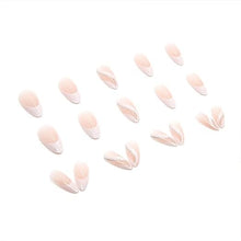 Load image into Gallery viewer, Set Of 24 Artificial/Fake Reusable Press on Nails In Almond Shape With White & Silver Stillet Wave.