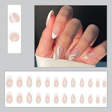 Load image into Gallery viewer, Set Of 24 Artificial/Fake Reusable Press on Nails In Almond Shape With White & Silver Stillet Wave.
