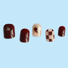 Load image into Gallery viewer, Secret Lives Glossy Reusable Artifical Fake False Press on Nails for Women Red Color with Check Design Long Lasting 24 PCS Set with Kit