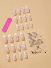 Load image into Gallery viewer, Set Of 24 Artificial/Fake Reusable Press on Nails In Almond Shape With White & Silver Stillet Wave.