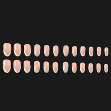 Load image into Gallery viewer, Secret Lives Reusable Artificial Round Shape Skin & White Color with Silver Glitter Design Fake False Premium Press On Nails 24 PCS with Kit