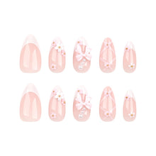 Load image into Gallery viewer, Secret Lives Glossy Reusable Artificial Translucent Pink Color with 3D Bow & 3D Flower Design Press on nails 24 Pieces Set with Kit