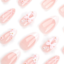 Load image into Gallery viewer, Secret Lives Glossy Reusable Artificial Translucent Pink Color with 3D Bow & 3D Flower Design Press on nails 24 Pieces Set with Kit