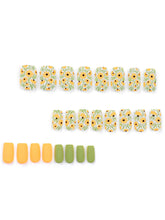 Load image into Gallery viewer, Secret Lives Matte Reusable Artificial Fake False Mustard Color Flower Design with Green & Black Color Press on Nails 24 Pieces Set with Kit