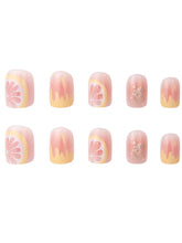 Load image into Gallery viewer, Secret Lives Acrylic Fake Reusable False Artifical Press On Nails Translucent Lemon Design With Red Color Path And Glitter Design 24 Pieces Kit