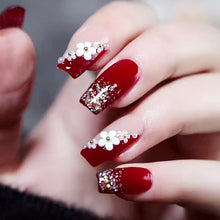 Load image into Gallery viewer, Gloss & Go 24 Reusable Artificial Fake Nail Set| Maroon Color With 3D White Flower Nails With Golden Glitter Glossy Nails| Lightweight & Long Lasting| Quick Fix For Festivals & Special Occasions