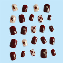 Load image into Gallery viewer, Secret Lives Glossy Reusable Artifical Fake False Press on Nails for Women Red Color with Check Design Long Lasting 24 PCS Set with Kit