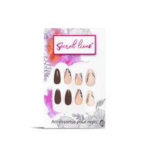 Load image into Gallery viewer, Secret Lives Reusable Artificial Almond shape Brown & Coffe color with Black Curve White Leaves & Golden Glitter Women's Designer Press on Nails with Kit