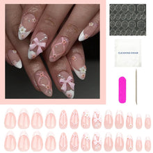 Load image into Gallery viewer, Secret Lives Glossy Reusable Artificial Translucent Pink Color with 3D Bow & 3D Flower Design Press on nails 24 Pieces Set with Kit