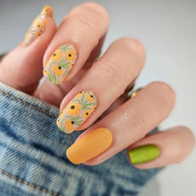 Load image into Gallery viewer, Secret Lives Matte Reusable Artificial Fake False Mustard Color Flower Design with Green & Black Color Press on Nails 24 Pieces Set with Kit