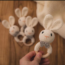Load image into Gallery viewer, Handmade Crochet Baby Bunny Rattle and Teething Ring | Off-White| Music Shaker for Rattle Hand Grip | Eco-Friendly | (3+Months)