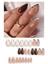 Load image into Gallery viewer, Secret Lives Reusable Artificial Almond shape Brown & Coffe color with Black Curve White Leaves & Golden Glitter Women's Designer Press on Nails with Kit
