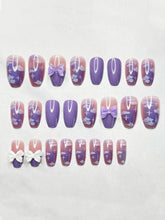 Load image into Gallery viewer, Secret Lives Glossy Reusable Artificial Translucent Purple Color with Cloud Patches & 3D Bow Luxury Reusable Press on Nails with Kit