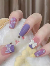 Load image into Gallery viewer, Secret Lives Glossy Reusable Artificial Translucent Purple Color with Cloud Patches & 3D Bow Luxury Reusable Press on Nails with Kit