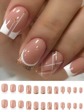 Load image into Gallery viewer, Secret Lives Artifical Fake Reusable False Acrylic Press On Nails French Nails With Golden Glitter And Check Design 24 Pieces With Kit