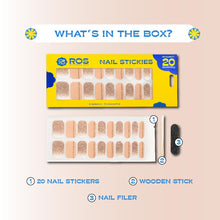 Load image into Gallery viewer, ROS Beauty Nail Stickies | 20 Count | Easy-to-Apply Vibrant Nail Art Stickers | Long-Lasting, Lightweight, & Mess-Free | Unique Designs for Effortless DIY Manicure | Golden Glow