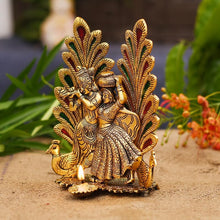 Load image into Gallery viewer, Collectible India Peacock Design Radha Krishna Idol Showpiece with Diya for Puja and Home Decor (8 x 6 Inches), Metal, Gold (1 Piece)