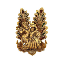 Load image into Gallery viewer, Collectible India Peacock Design Radha Krishna Idol Showpiece with Diya for Puja and Home Decor (8 x 6 Inches), Metal, Gold (1 Piece)