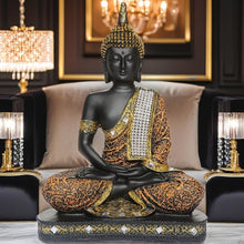 Load image into Gallery viewer, Global Grabbers New 25 Centimetre Meditating Sitting Buddha Statue showpiece Idol Home Decor Items for Living Room and Gifts (1, Orange Black)