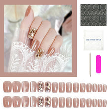 Load image into Gallery viewer, Secret Lives Cats Eye Reusable Artificial Nude Brown Color with Golden Glitter & Crystal Design Press on Nails 24 Pieces Set with Kit