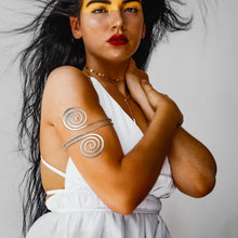 Load image into Gallery viewer, RechicGu Women's Plated Q&Q Fashion Victorian Filigree Swirl Gypsy Boho Armband Upper Arm Cuff Armlet Belly Dance One Size Silver