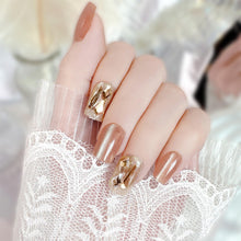 Load image into Gallery viewer, Secret Lives Cats Eye Reusable Artificial Nude Brown Color with Golden Glitter & Crystal Design Press on Nails 24 Pieces Set with Kit