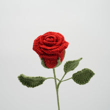 Load image into Gallery viewer, Handmade Crochet Rose with Leaves and Long Stem Best Gift for Valentine's Day&New Year Suitable for Anniversaries Birthday Celebrations (Red, 2.5" Diameter)
