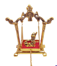 Load image into Gallery viewer, KridayKraft Laddu Gopal on Jhulla Palana Metal Statue Gold Plated Decor Your Home,Office Metal Krishna Murti,Showpiece Figurines,Religious Idol Gift Article.