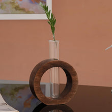 Load image into Gallery viewer, TIED RIBBONS Decorative Glass Test Tube with Donut Wooden Holder Vase for Flower Plants Home Decor Office Living Room Bedroom Table Gifts Decoration Items (Brown, 13.9 cm x 11.4 cm)