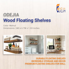 Load image into Gallery viewer, ODEJIA Wood Floating Shelves Set of 2 - Rustic Shelf 22 inch - Made in India - Wide Wooden Wall Shelves for Living Room Bedroom Kitchen Bathroom Farmhouse - Walnut Color - 22 D x 6.7W x 1.2H (22inch)