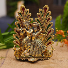 Load image into Gallery viewer, Collectible India Peacock Design Radha Krishna Idol Showpiece with Diya for Puja and Home Decor (8 x 6 Inches), Metal, Gold (1 Piece)