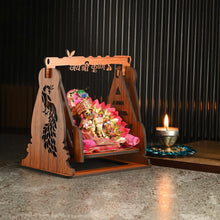 Load image into Gallery viewer, Somil Divine Mandir/Swing/Jhula for Laddu Gopal: A Beautifully Crafted Jhula with A Peaceful and Graceful Jai Shri Krishna Print.