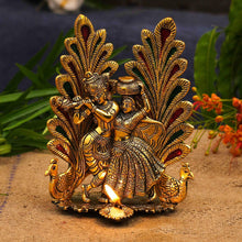 Load image into Gallery viewer, Collectible India Peacock Design Radha Krishna Idol Showpiece with Diya for Puja and Home Decor (8 x 6 Inches), Metal, Gold (1 Piece)