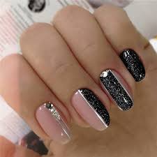 Premium Party Wear Black Glitter Readymade Nail Art Artificial/Fake Press on Nails for Girls and Women