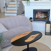 Load image into Gallery viewer, Epoxy Resin Black oval coffee table, rustic home decor, wooden side table, accent table, unique coffee table, rustic table, black river epoxy table