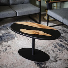 Load image into Gallery viewer, Epoxy Resin Black oval coffee table, rustic home decor, wooden side table, accent table, unique coffee table, rustic table, black river epoxy table