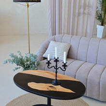 Load image into Gallery viewer, Epoxy Resin Black oval coffee table, rustic home decor, wooden side table, accent table, unique coffee table, rustic table, black river epoxy table