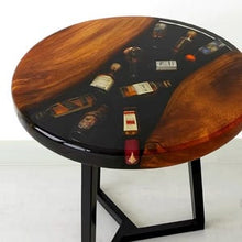 Load image into Gallery viewer, Unique Handmade Resin Side or coffee Table, With Bottles inside  Fully Customizable- any size,shape, height, base style.