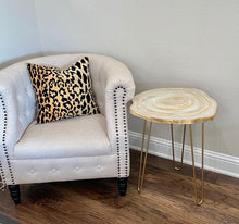 Load image into Gallery viewer, Luxury Resin geode accent end table. Moonstone white and gold agate style decorative table with gold hairpin legs. Custom colors available