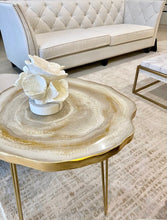 Load image into Gallery viewer, Luxury Resin geode accent end table. Moonstone white and gold agate style decorative table with gold hairpin legs. Custom colors available