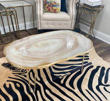 Load image into Gallery viewer, Luxury Resin geode coffee table, white and gold decorative table with gold hairpin legs.