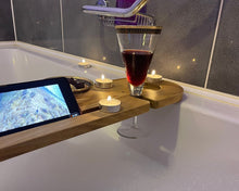 Load image into Gallery viewer, Solid Teakwood Handmade Tub Tray, Wood Bath Tub Tray , Bath Tray Caddy with Wine Glass Holder, Bathtub Caddy, Washroom Essentials