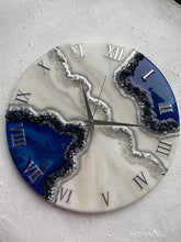 Load image into Gallery viewer, Resin geode clock, geode painting, resin art , abstract painting, wall art living room, geode wall picture, silver wall decor, modern art 12 inch