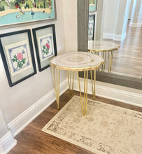 Load image into Gallery viewer, Luxury Resin geode accent end table. Moonstone white and gold agate style decorative table with gold hairpin legs. Custom colors available