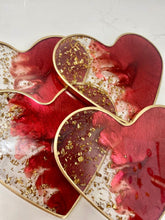 Load image into Gallery viewer, Valentine’s Day decoration red heart coasters, resin coaster set with edges. Great Valentines galentines gift wife, girlfriend, mom