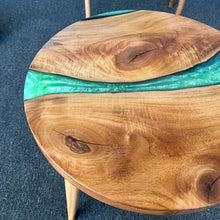 Load image into Gallery viewer, Round Epoxy Wooden Side Table & Coffee Table, Live Edge Epoxy Resin River, Tapered Wooden Legs - Handmade with Customizable Resin Color