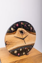 Load image into Gallery viewer, Floral Resin Wall Clock, Solid Wood and real flowers Unique Home Decor