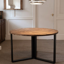 Load image into Gallery viewer, Round Solid Wood Table with Box Steel Legs with Metal Thick Legs, Circular wooden table, Coffee Table