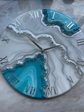 Load image into Gallery viewer, Resin geode clock, resin art, geode art, resin geode wall art, turquoise silver geode clock, wall art living room, wall clock unique - 12 Inch