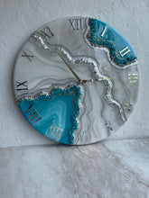 Load image into Gallery viewer, Resin geode clock, resin art, geode art, resin geode wall art, turquoise silver geode clock, wall art living room, wall clock unique - 12 Inch